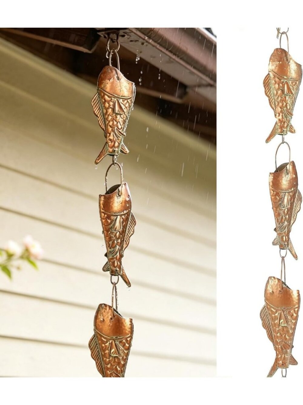 8.5FT Copper Patina Rain Chain with Rainbow Trout - Decorative & Functional